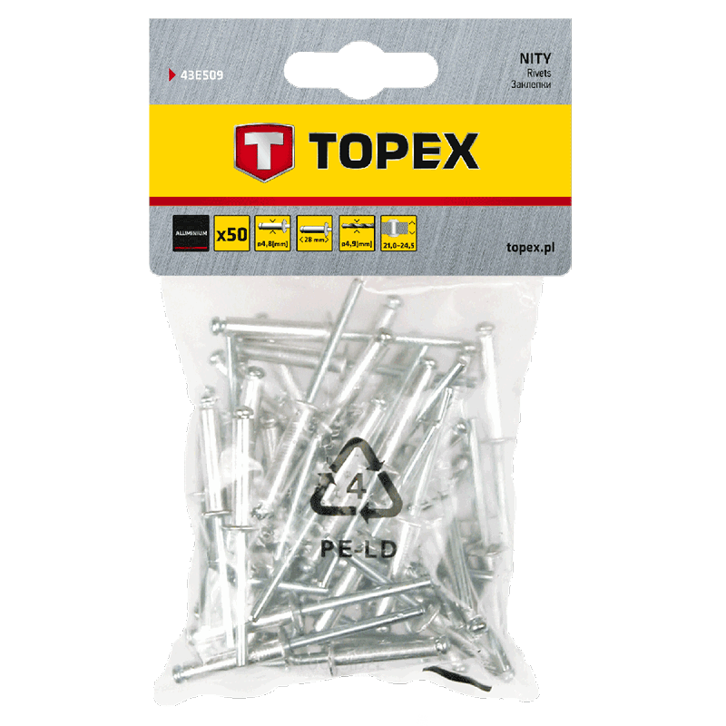 TOPEX popnagels 4,8x28mm 50 stuks verpakking, aluminium