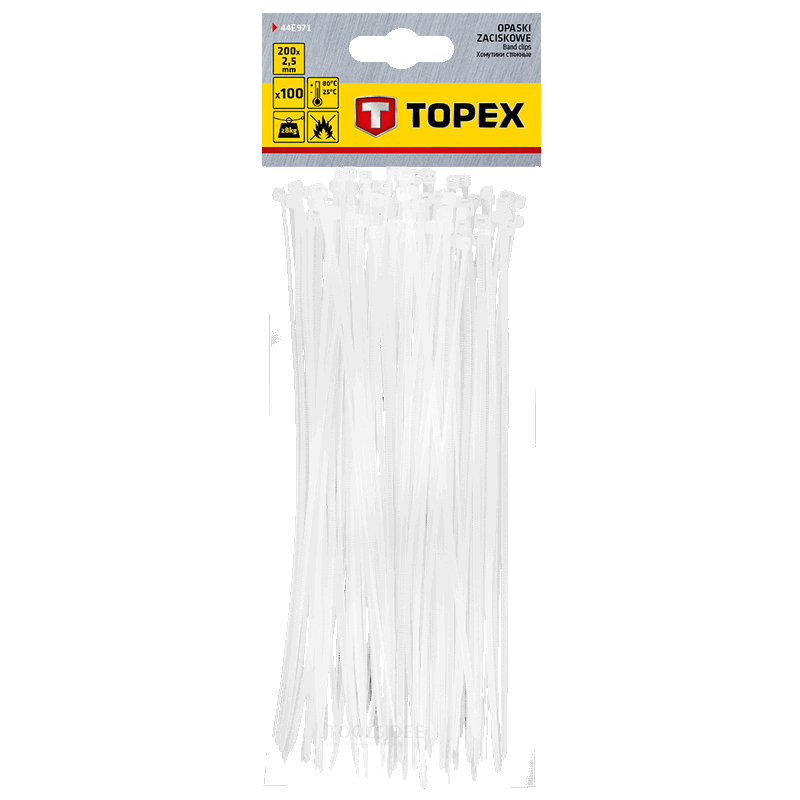 TOPEX cinta para mazos de cables 2,5 x 200 mm blanco 100 piezas, resistente a los rayos uv, - / - 35 ° a + 85 °, poliamida 6.6