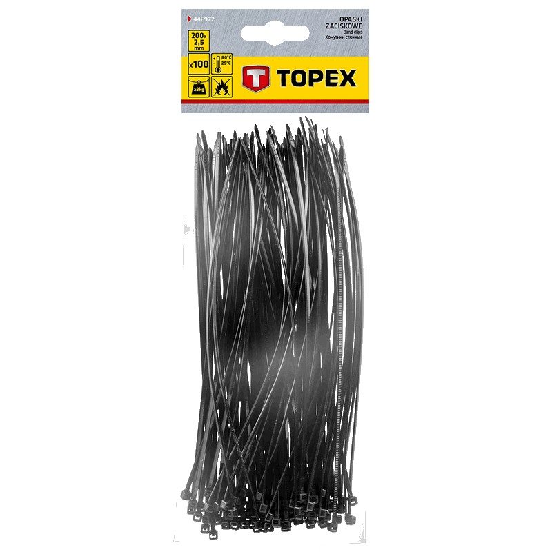  TOPEX nippuside 2,5 x 200mm musta 100 kpl, UV-kestävä, -/-35° - +85°, polyamidi 6,6