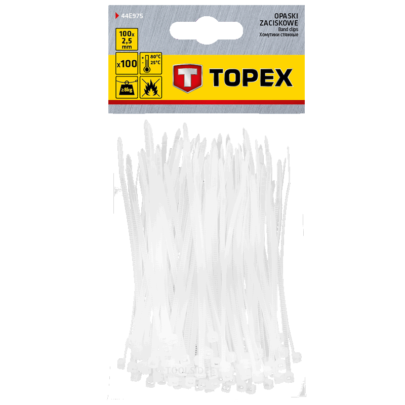 TOPEX cinta para mazos de cables 2,5 x 100 mm blanco 100 piezas, resistente a los rayos uv, - / - 35 ° a + 85 °, poliamida 6.6