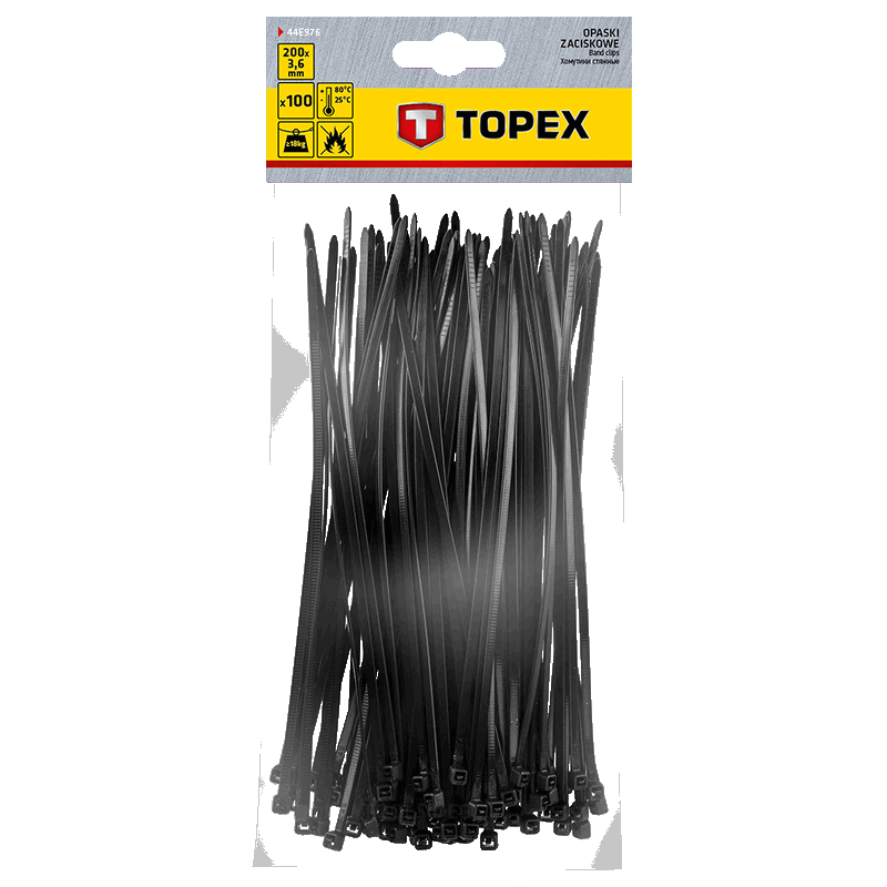 TOPEX kabelbåndsbånd 3,6 x 200 mm sort 100 stykker, uv-resistent, - / - 35 ° til + 85 °, polyamid 6,6