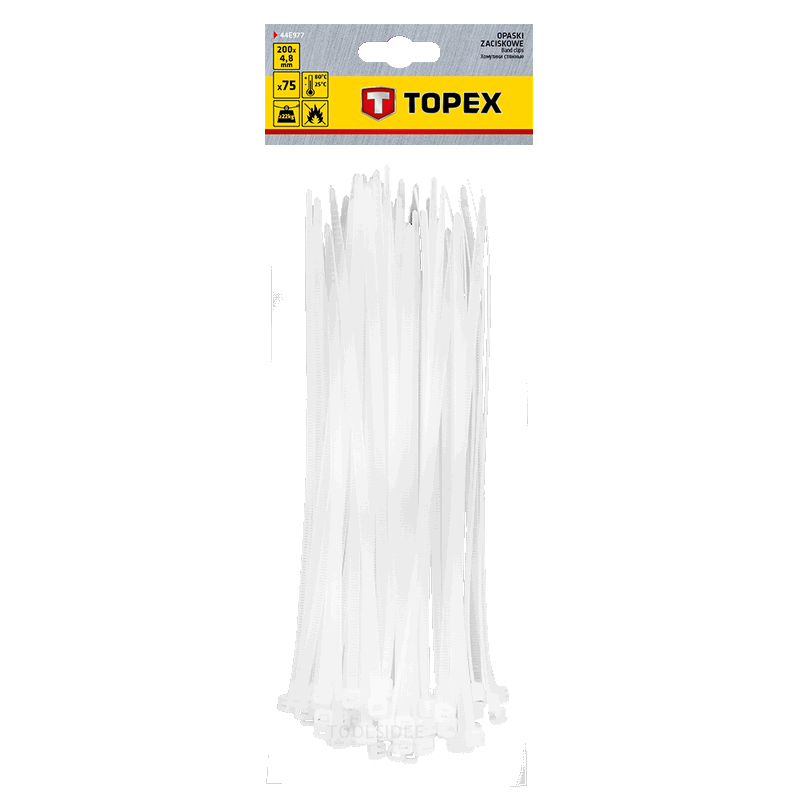 TOPEX ruban pour faisceaux de câbles 4,8 x 200 mm blanc 75 pièces, résistant aux uv, - / - 35 ° à + 85 °, polyamide 6,6