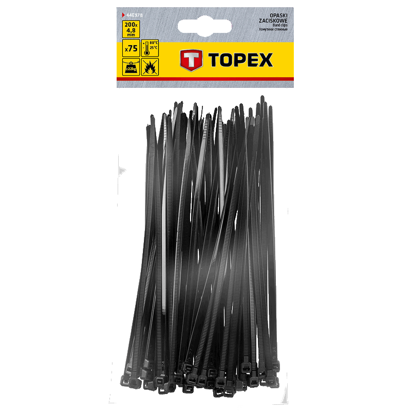  TOPEX nippuside 4,8 x 200 mm musta 75 kpl, UV-kestävä, -/-35° - +85°, polyamidi 6,6