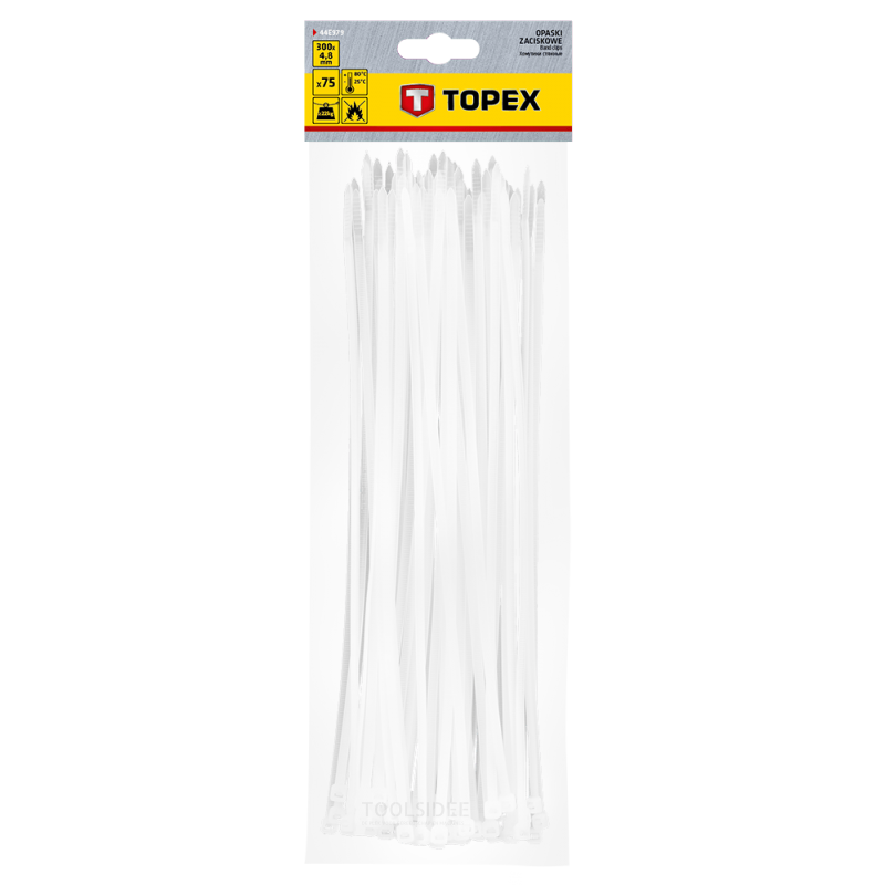 TOPEX ruban de faisceau de câbles 4,8 x 300 mm blanc 75 pièces, résistant aux uv, - / - 35 ° à + 85 °, polyamide 6,6