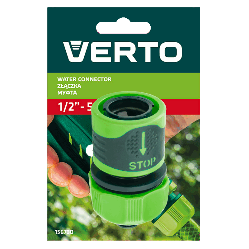 VERTO hose connector 1/2 'with stop, bi-material anti-slip, high-quality plastic with bi-material processing