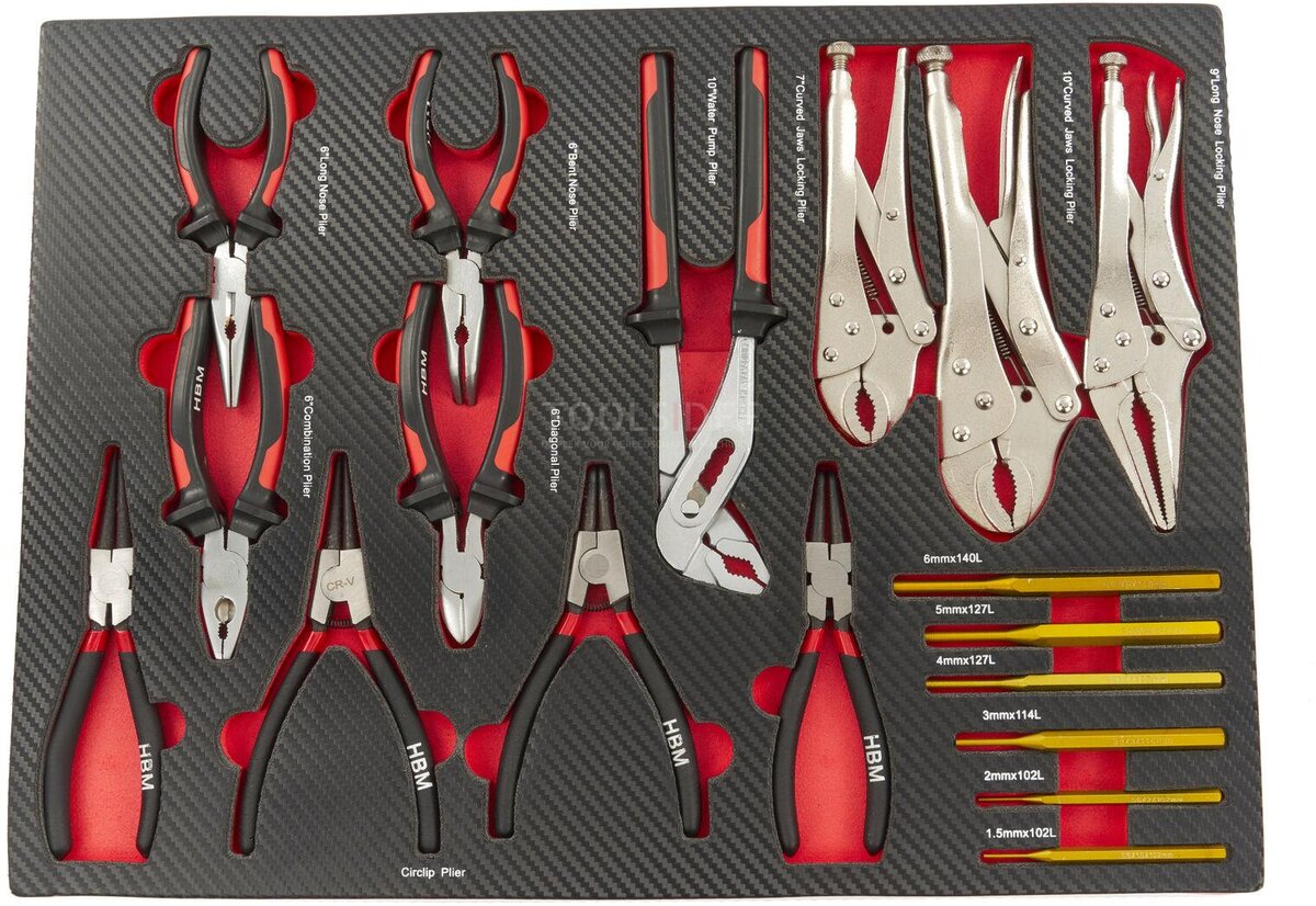 HBM 17-delers tang og stansesett i karbonskuminnlegg for verktøyvogn HBM 17-delers tang og stansesett i karbonskuminnlegg for verktøyvogn