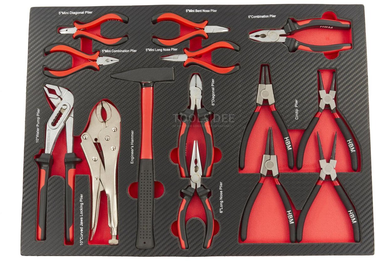 HBM 14-delers tangsett med hammer i karbonskuminnlegg for verktøyvogn HBM 14-delers tangsett med hammer i karbonskuminnlegg for verktøyvogn