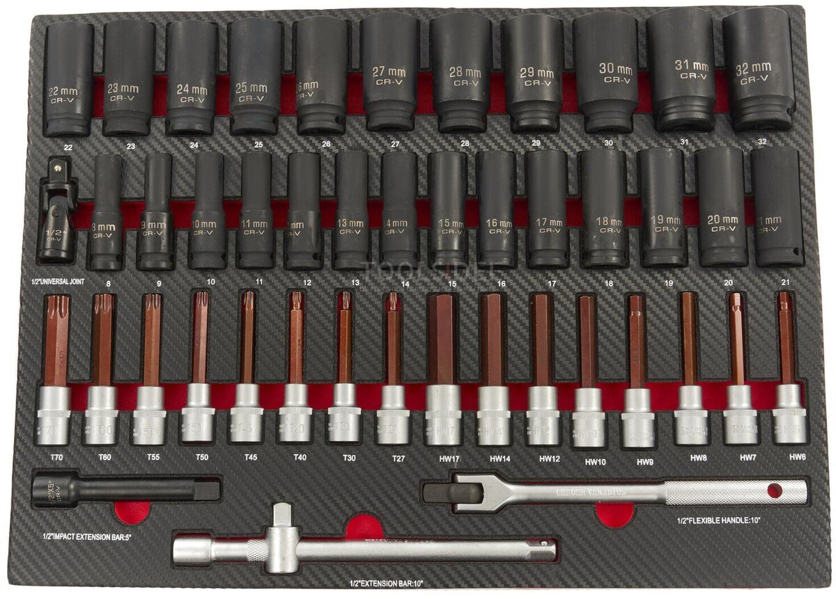 HBM 45-delers stikkontakter og bitsett i karbonskuminnlegg for verktøyvogn HBM 45-delers stikkontakter og bitsett i karbonskuminnlegg for verktøyvogn