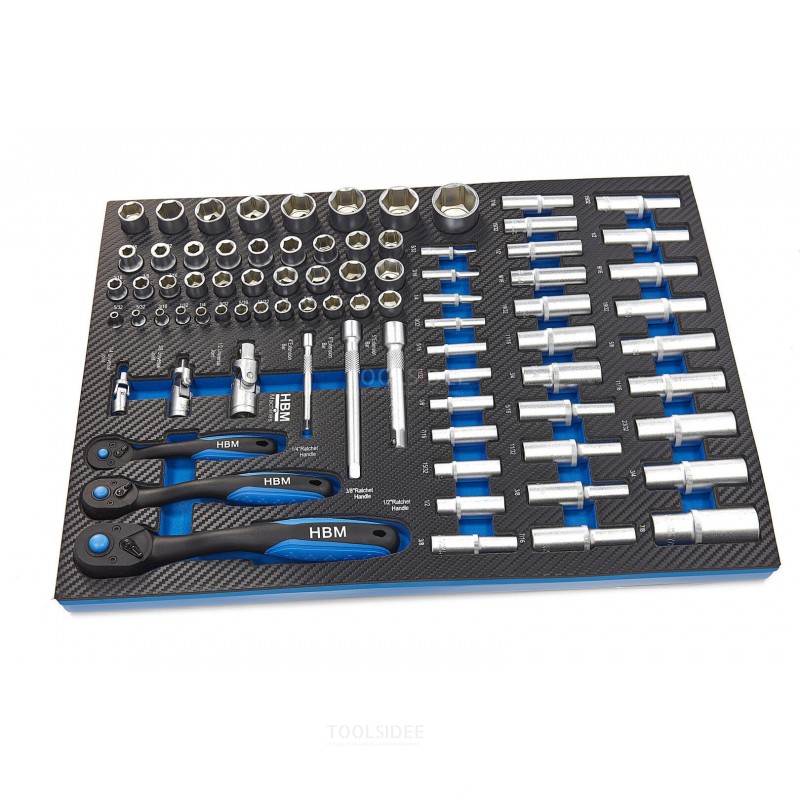 HBM 81 Piece Socket Set INCH Sizes with Ratchets in Carbon Foam inlay for Tool Trolley