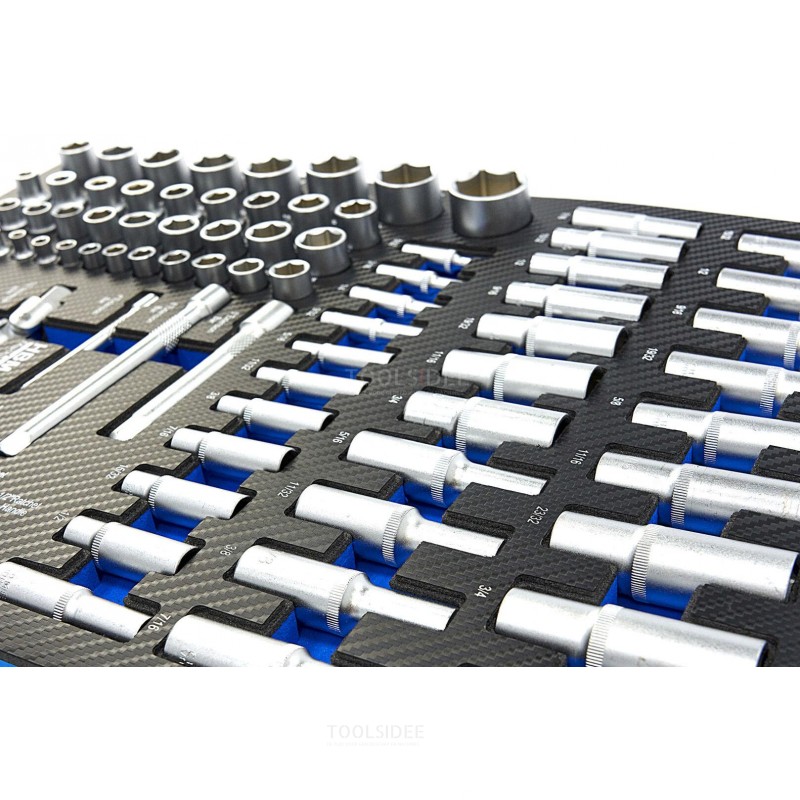 HBM Set di bussole da 81 pezzi in pollici con cricchetti con inserto in schiuma di carbonio per carrello portautensili