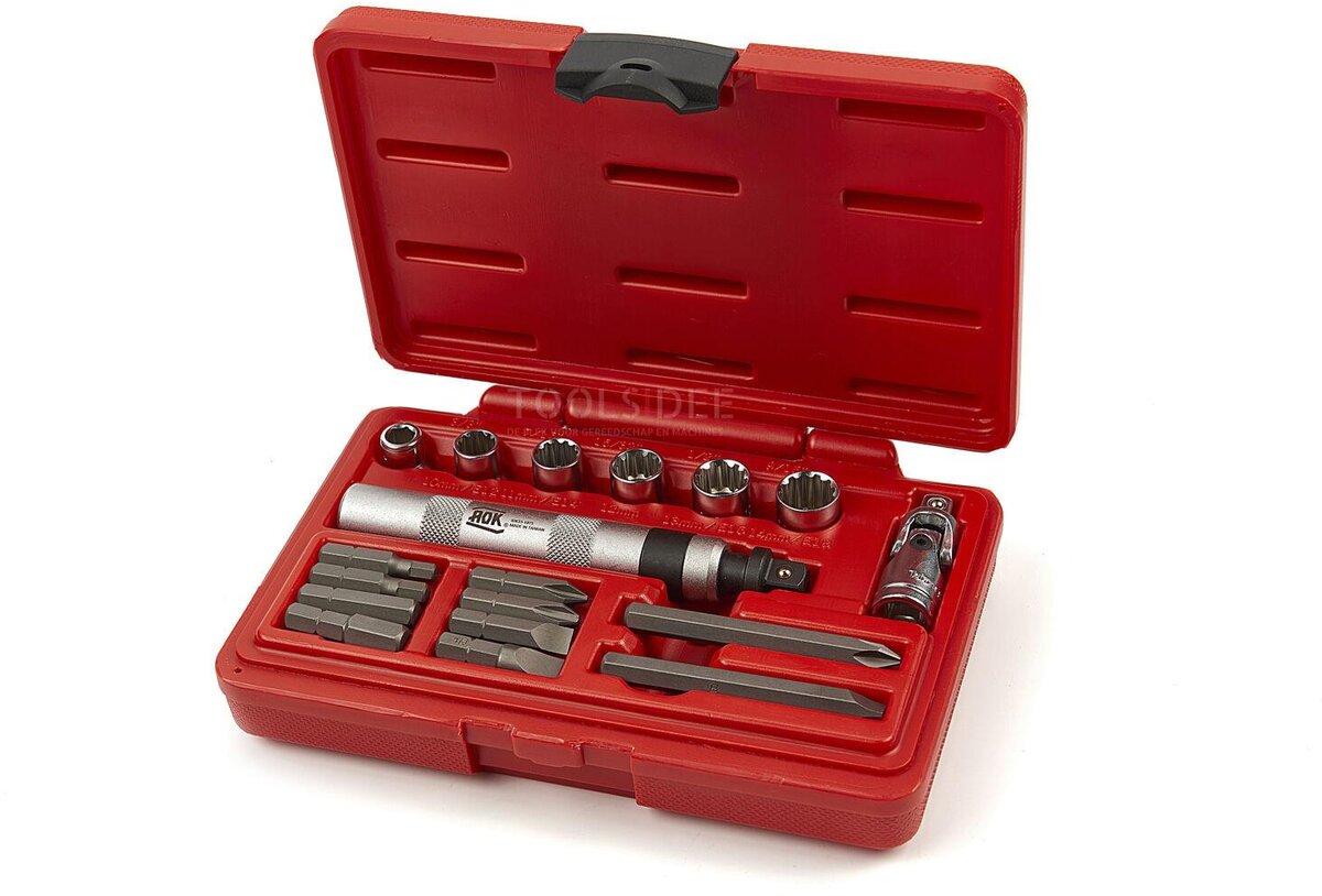 AOK 18-delars professionell slagskruvmejseluppsättning med bitar och kepsar
