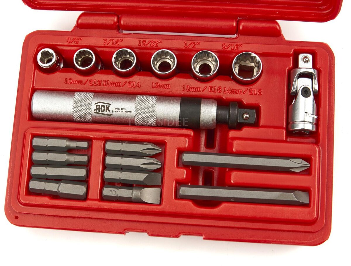 AOK 18-delars professionell slagskruvmejseluppsättning med bitar och kepsar