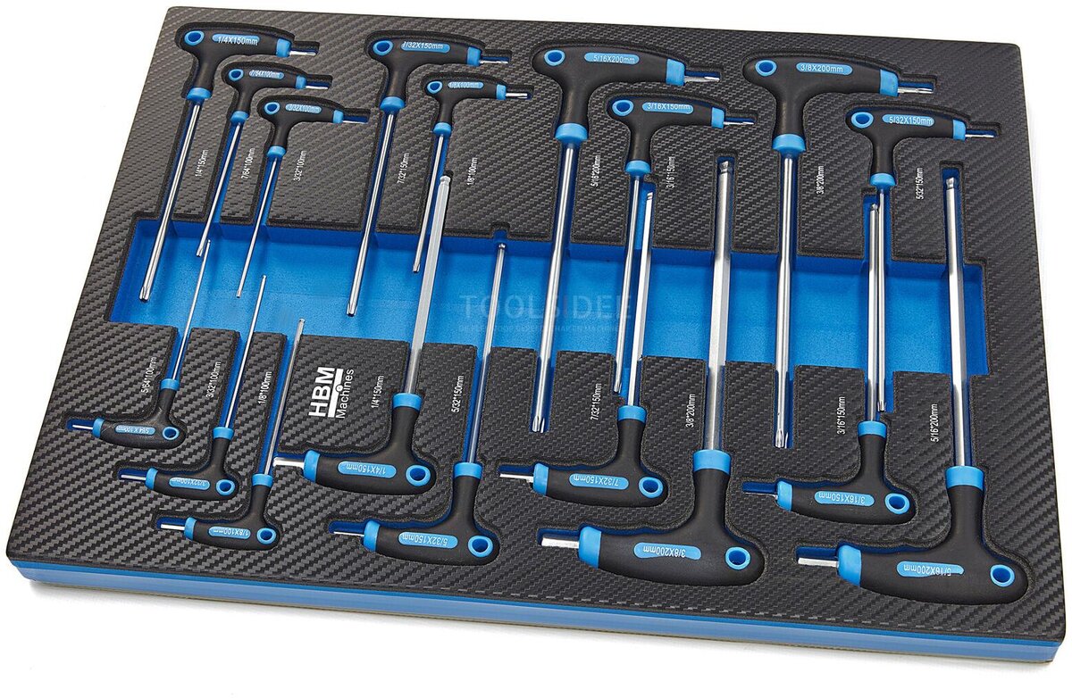 HBM 18 Piece T-Handles INCH Sizes Carbon Foam Inlay for Tool Trolley
