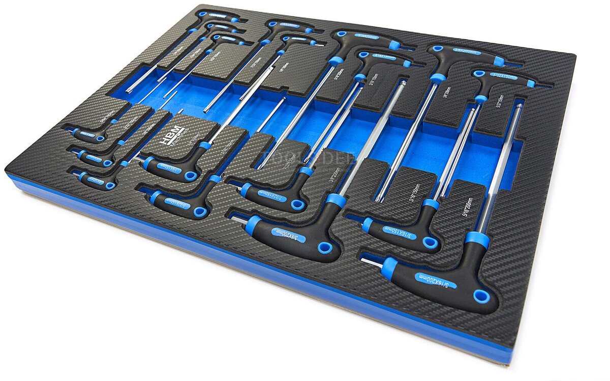 HBM 18 Piece T-Handles INCH Sizes Carbon Foam Inlay for Tool Trolley