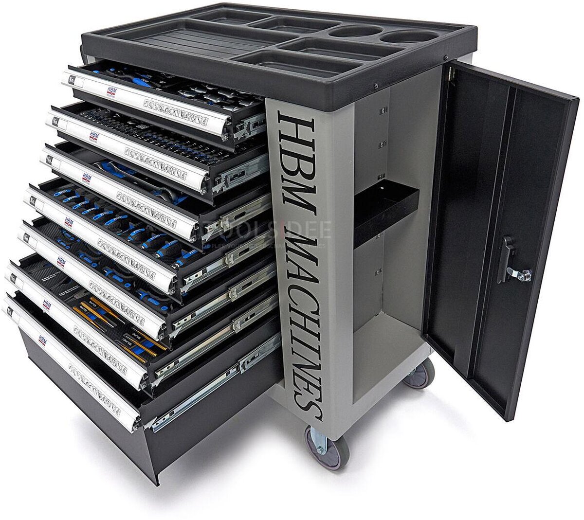 Chariot à outils HBM Premium rempli avec porte - 245 pièces en tailles en pouces Chariot à outils HBM Premium rempli avec porte - 245 pièces en tailles en pouces