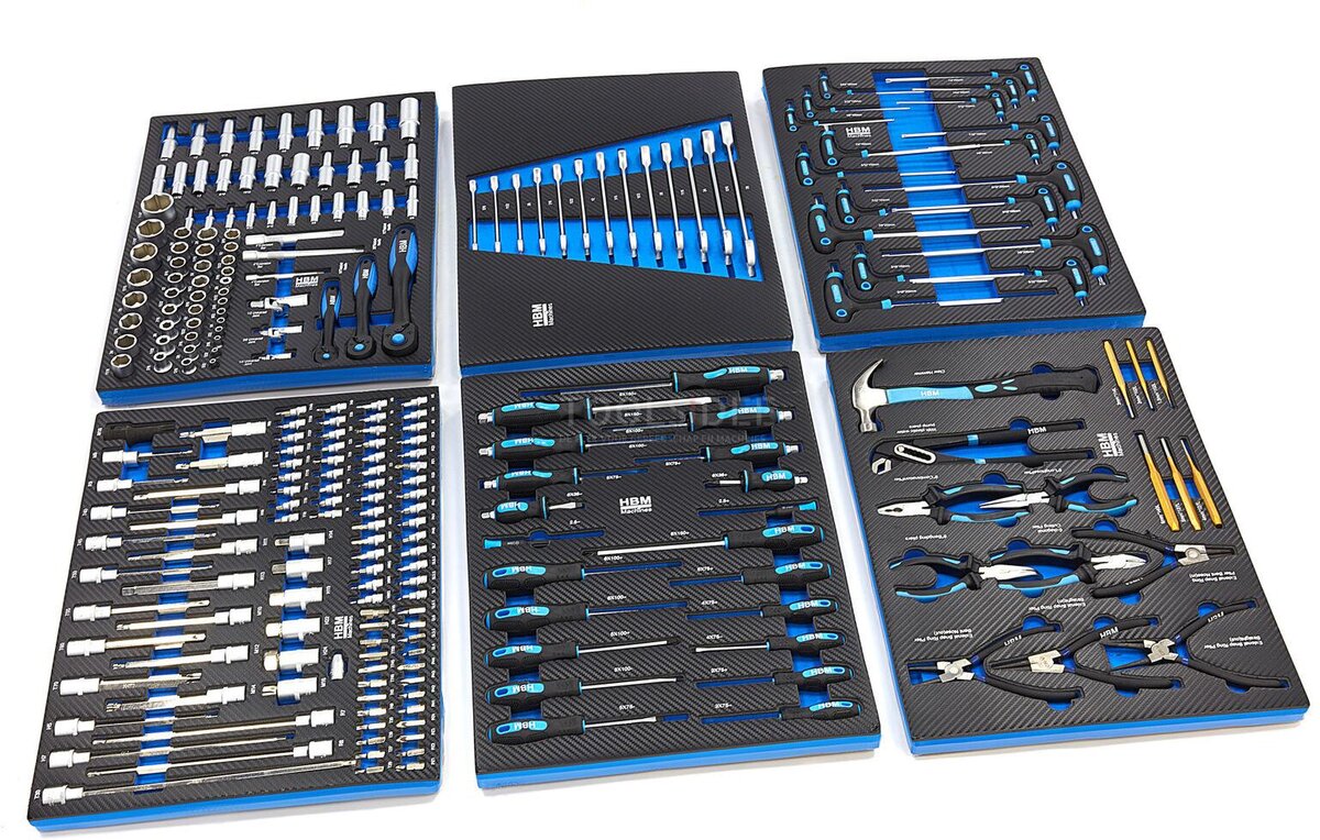 Chariot à outils HBM Premium rempli avec porte - 245 pièces en tailles en pouces Chariot à outils HBM Premium rempli avec porte - 245 pièces en tailles en pouces