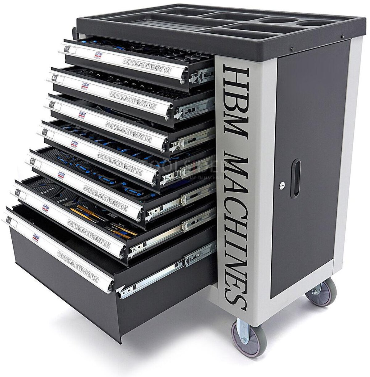 Chariot à outils HBM Premium rempli avec porte - 245 pièces en tailles en pouces Chariot à outils HBM Premium rempli avec porte - 245 pièces en tailles en pouces