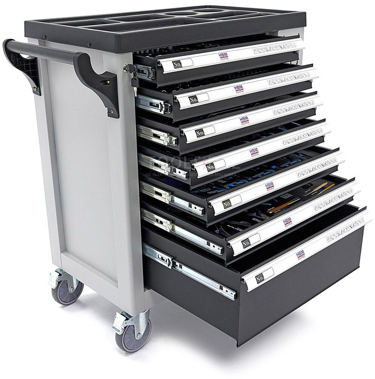 Chariot à outils HBM Premium rempli avec porte - 245 pièces en tailles en pouces Chariot à outils HBM Premium rempli avec porte - 245 pièces en tailles en pouces