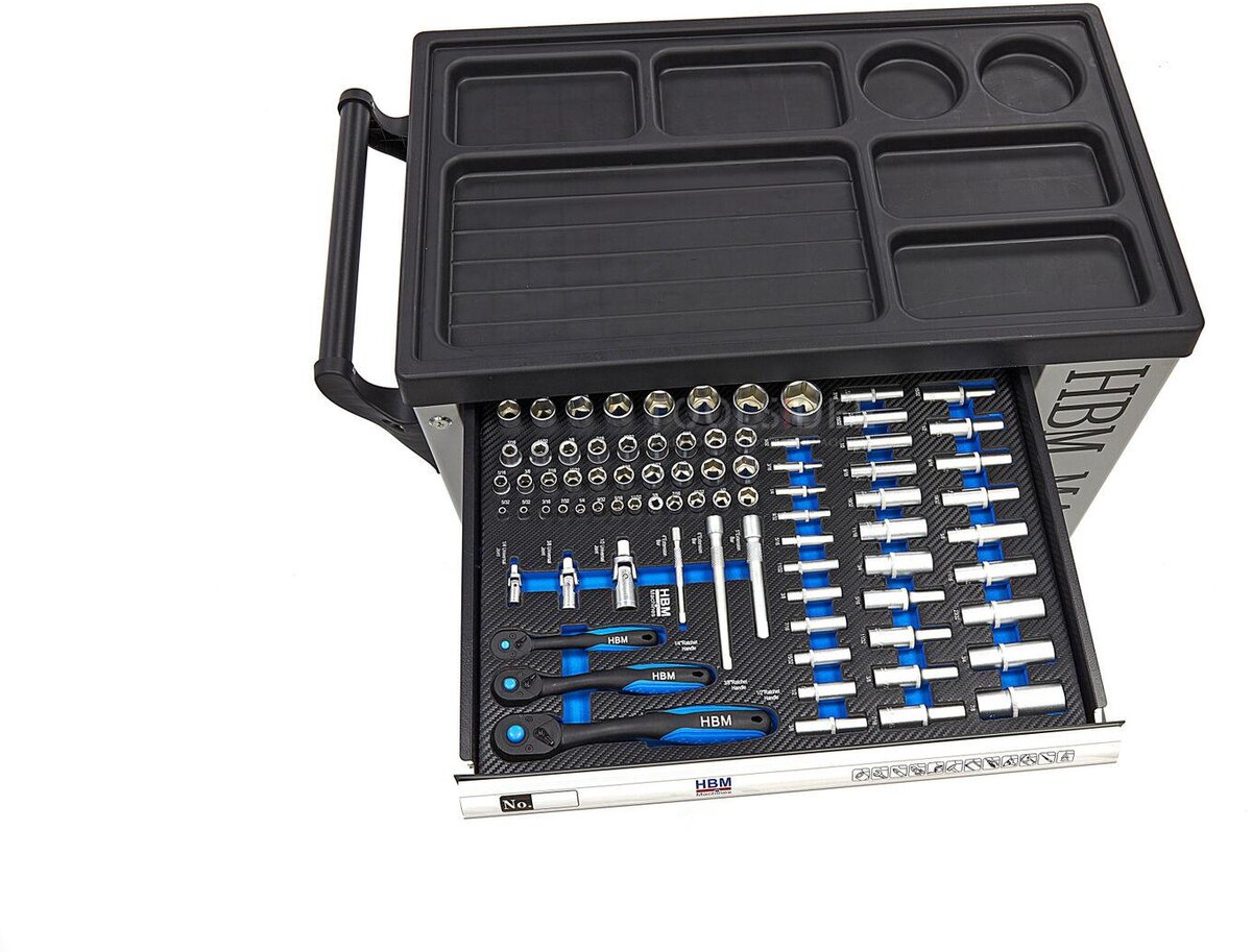 Chariot à outils HBM Premium rempli avec porte - 245 pièces en tailles en pouces Chariot à outils HBM Premium rempli avec porte - 245 pièces en tailles en pouces