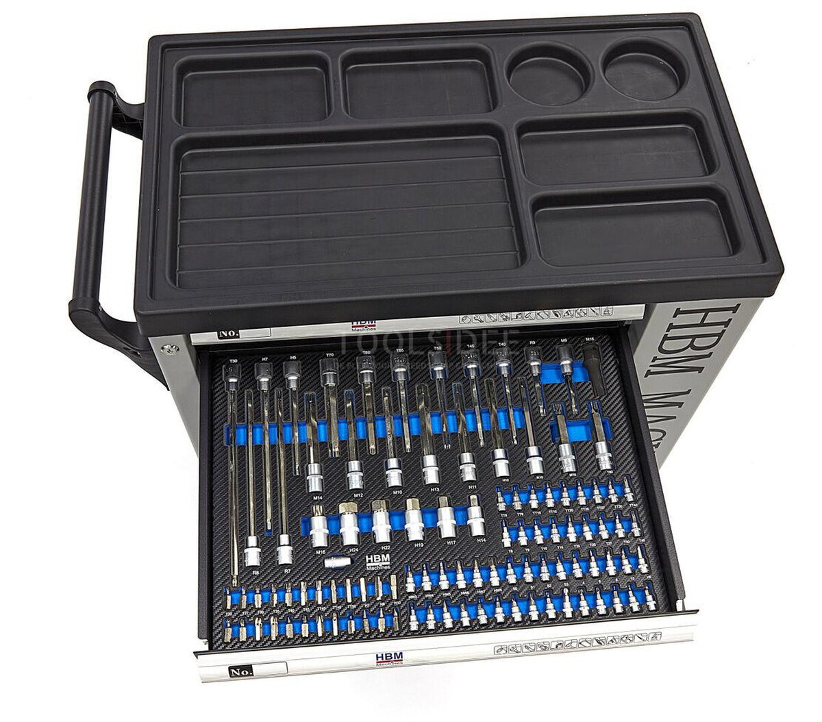 Chariot à outils HBM Premium rempli avec porte - 245 pièces en tailles en pouces Chariot à outils HBM Premium rempli avec porte - 245 pièces en tailles en pouces