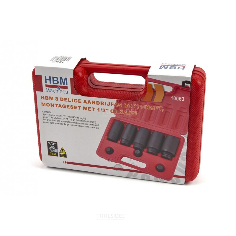 HBM 8-teiliger Steckschlüsselsatz für Antriebswellen, Montagesatz mit 1/2″-Schaft
