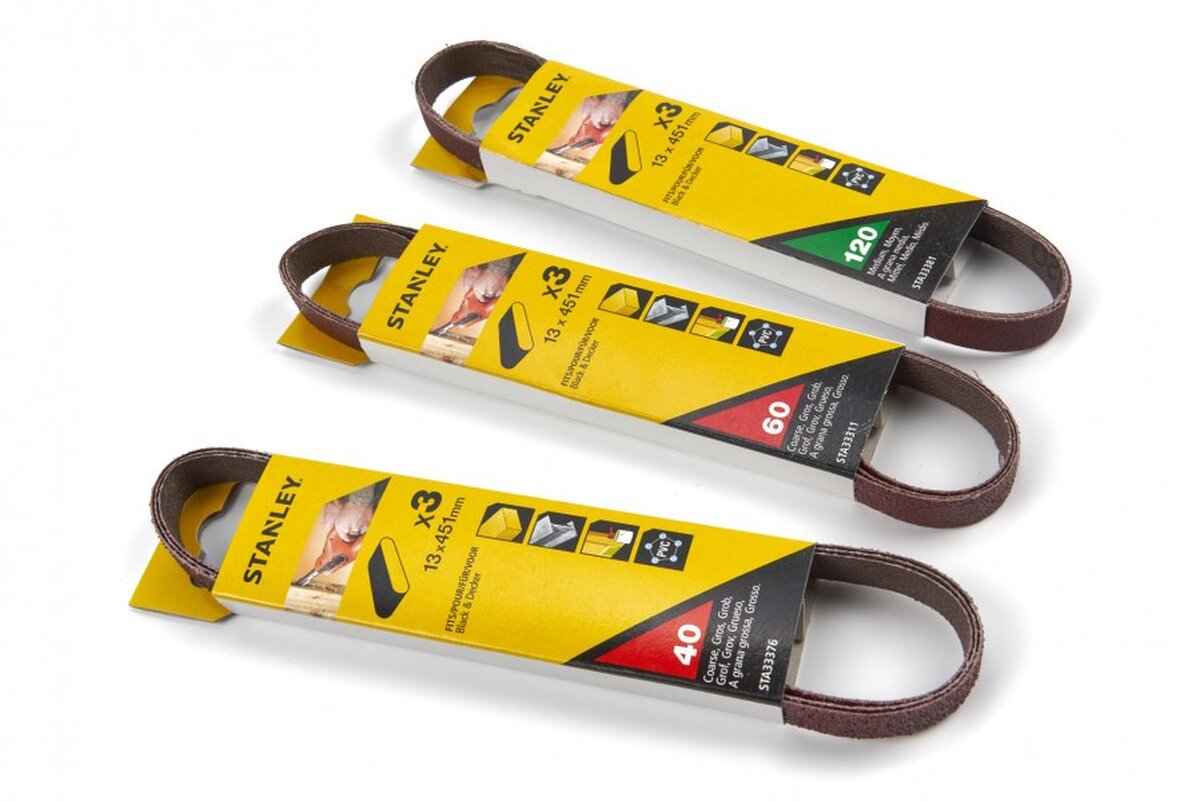 Stanley 3 Delige 13 x 451 mm. Schuurbandenset Voor De Black & Decker KA900E Powerfile Stanley 3 Delige 13 x 451 mm. Schuurbandenset Voor De Black & Decker KA900E Powerfile