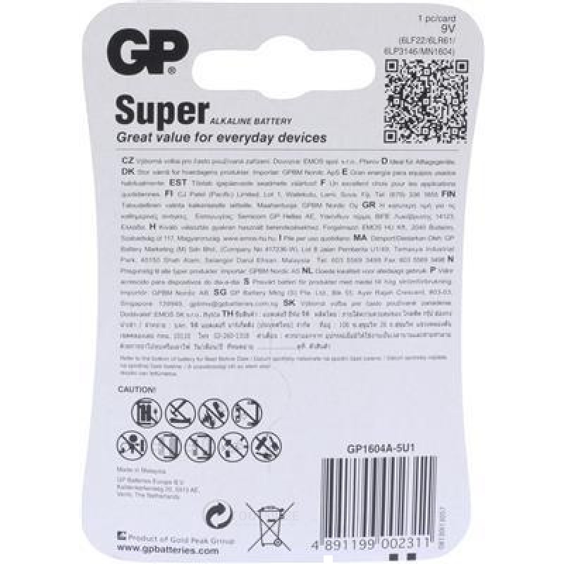 GP 9V battery Alkaline Super 1,5V 1st