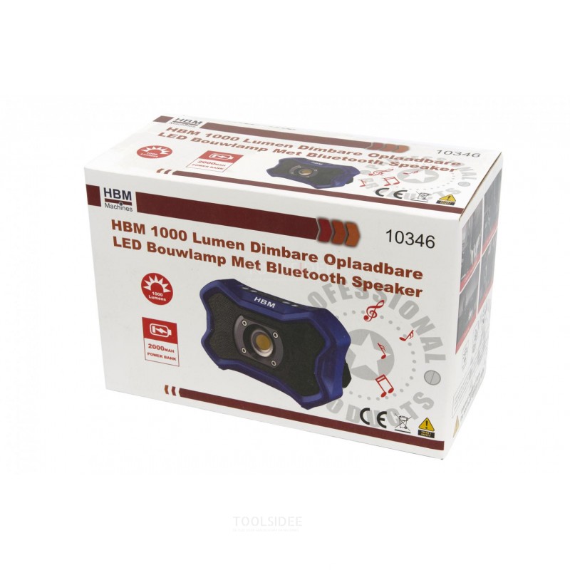 HBM 1000 Lumen Dimbar uppladdningsbar LED-konstruktionsbelysning med Bluetooth-högtalare
