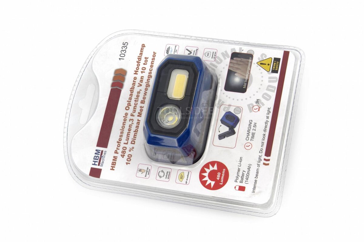 HBM Professionele Oplaadbare Hoofdlamp 480 Lumen, 3 Functies, Van 10 tot 100 % Dimbaar Met Bewegings
