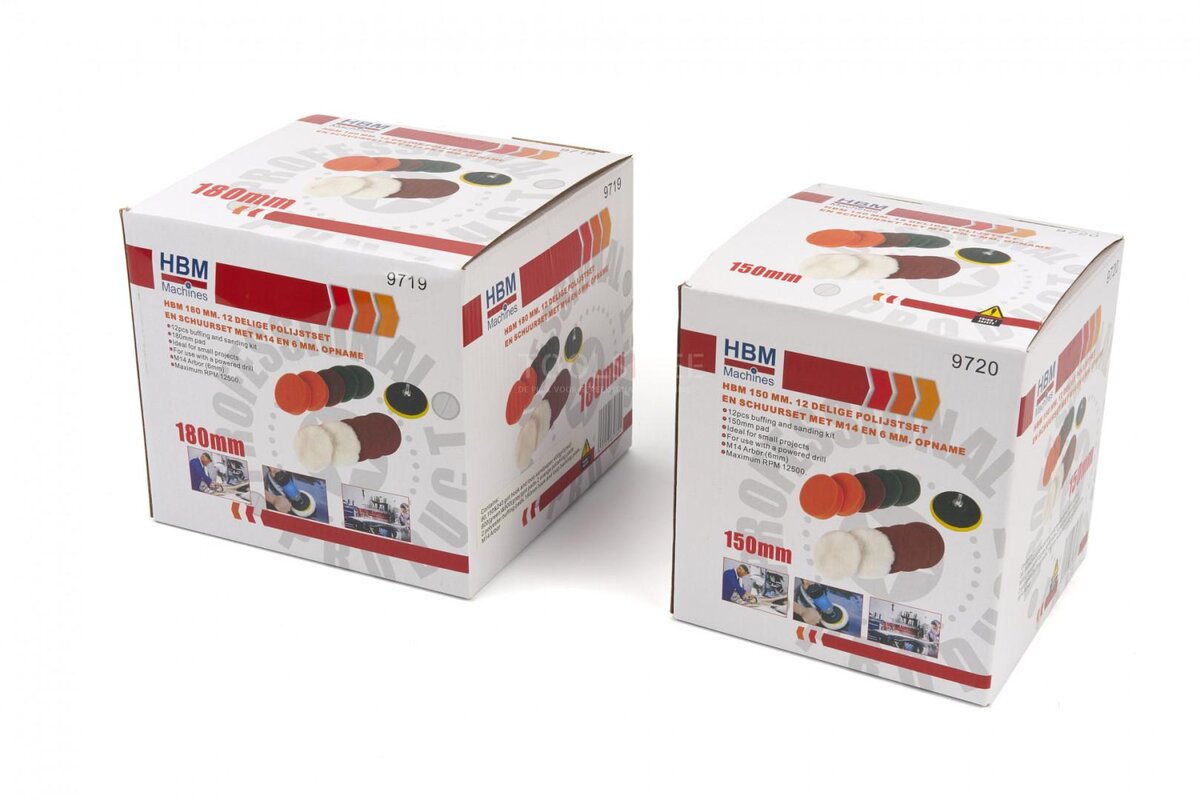 HBM poleringssett og pussesett med 12 deler med M14 og 6 mm opptak