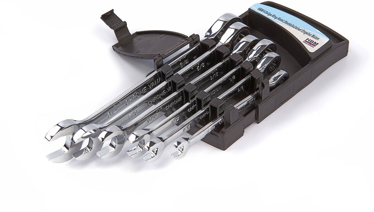 HBM 6-piece ring, ratchet, open-ended spanner set, English sizes HBM 6-piece ring, ratchet, open-ended spanner set, English sizes