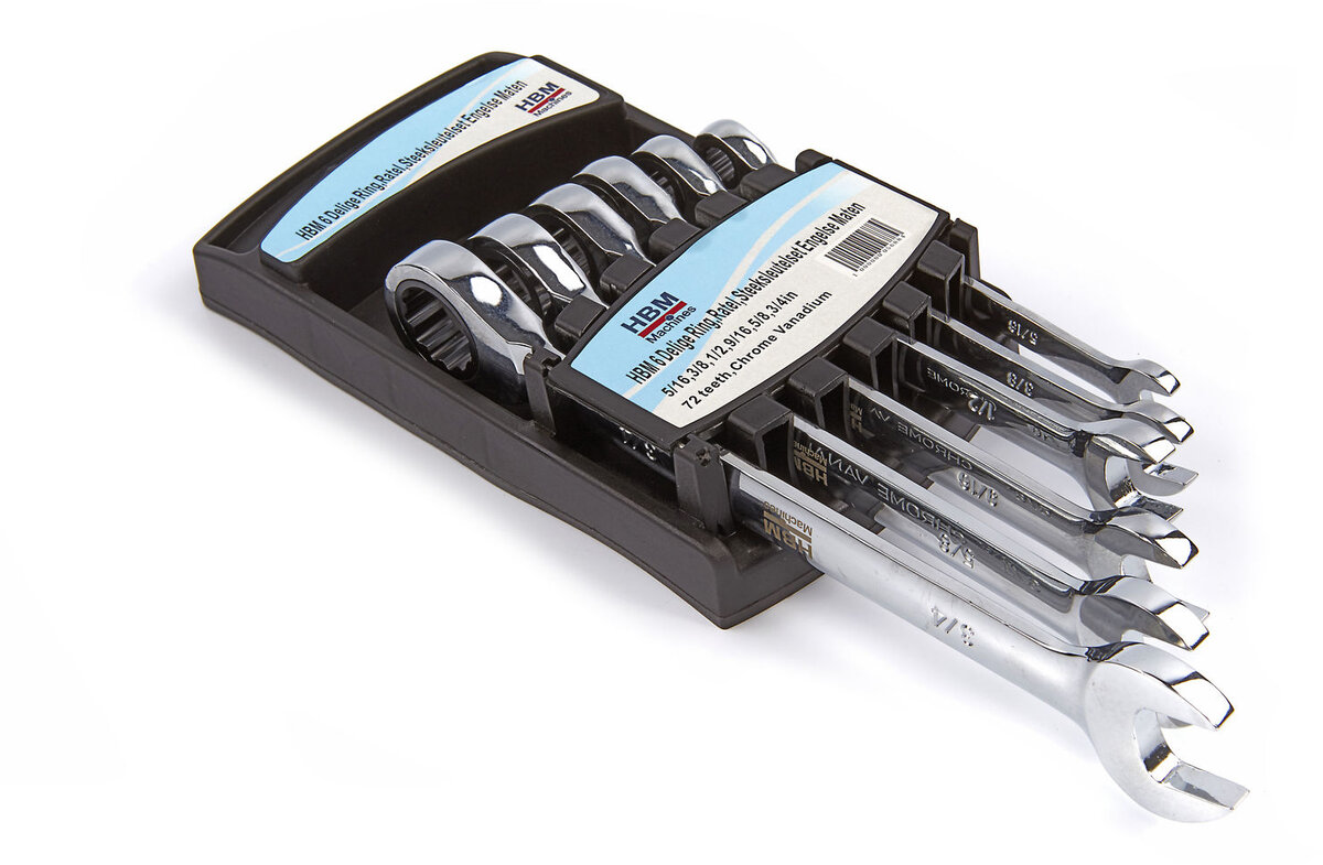 HBM 6-piece ring, ratchet, open-ended spanner set, English sizes HBM 6-piece ring, ratchet, open-ended spanner set, English sizes
