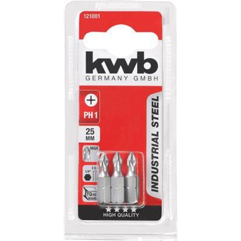 KWB 3 Screw Bits 25mm Ph Nr 1 Card