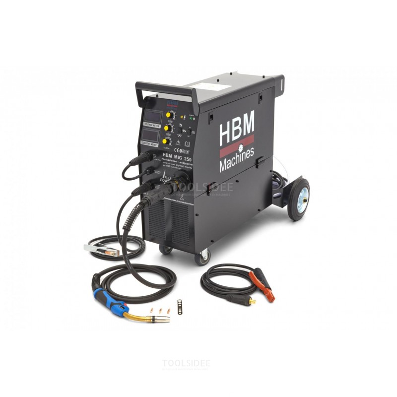 Saldatrice professionale HBM MIG250 con display digitale e tecnologia IGBT