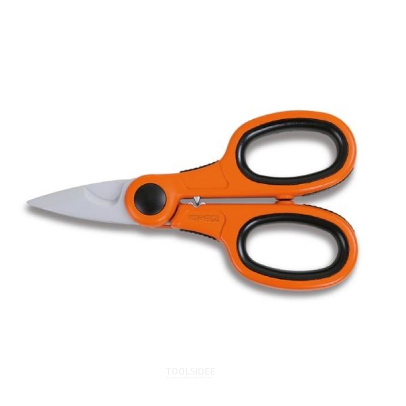 Beta electrician's scissors, straight stainless steel blades with micro serrations, wire strip recess and crimping area for cabl
