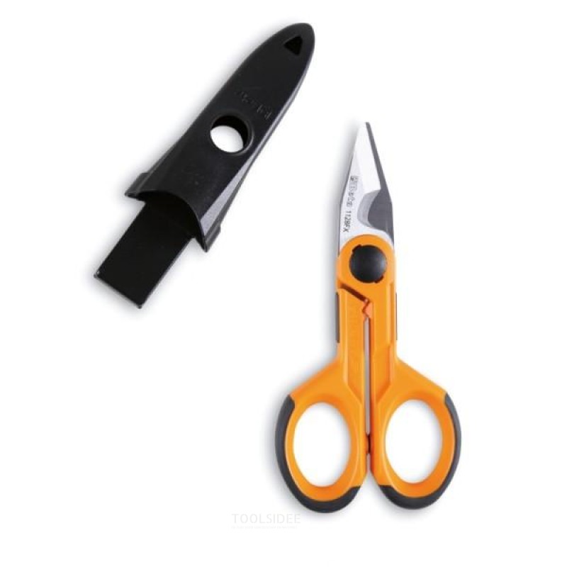 Beta electrician's scissors, straight stainless steel blades, with micro serrations, wire strip recess and crimp section for fle