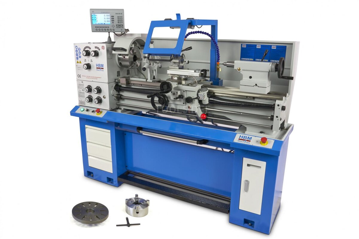 HBM 360 x 1000 industriell metalldreiebenk komplett med stor åpning med 3-akset LCD digitalt avlesningssystem - 400 volt