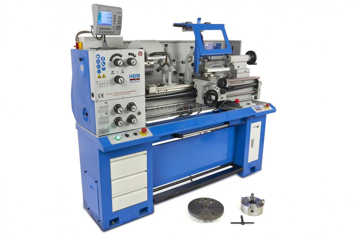 HBM 360 x 1000 industriell metalldreiebenk komplett med stor åpning med 3-akset LCD digitalt avlesningssystem - 400 volt