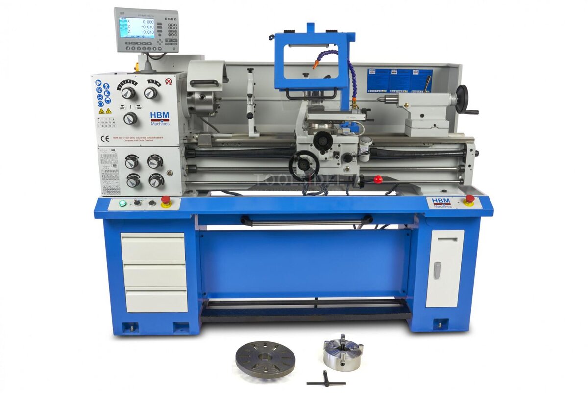 HBM 360 x 1000 industriell metalldreiebenk komplett med stor åpning med 3-akset LCD digitalt avlesningssystem - 400 volt