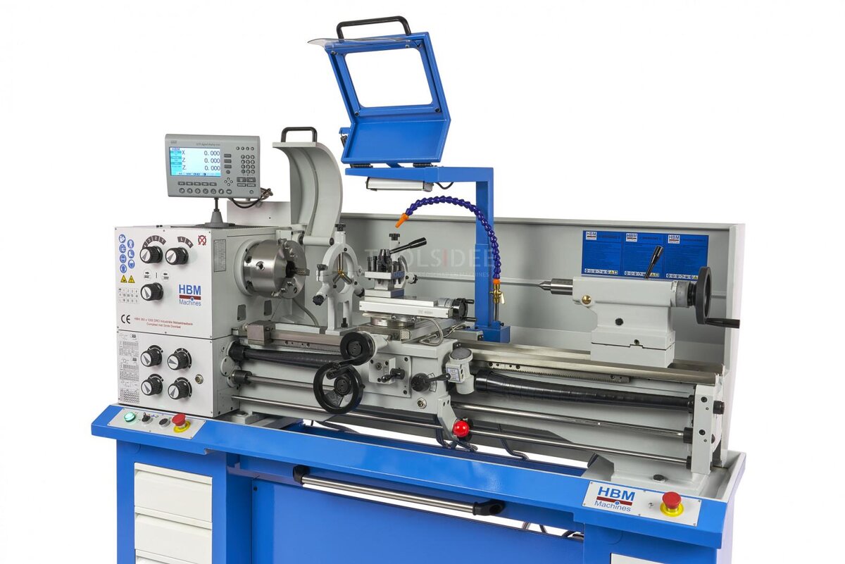 HBM 360 x 1000 industriell metalldreiebenk komplett med stor åpning med 3-akset LCD digitalt avlesningssystem - 400 volt