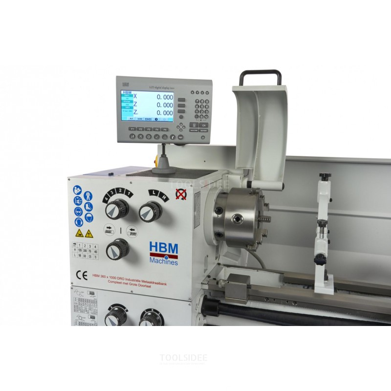 HBM 360 x 1000 industrielle Metalldrehmaschine komplett mit großer Bohrung und 3-achsigem LCD-Digitalanzeigesystem - 400 Volt