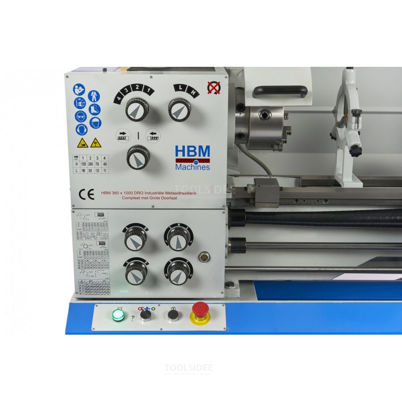 HBM 360 x 1000 industrielle Metalldrehmaschine komplett mit großer Bohrung und 3-achsigem LCD-Digitalanzeigesystem - 400 Volt