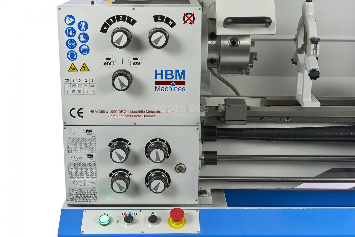 HBM 360 x 1000 industriell metalldreiebenk komplett med stor åpning med 3-akset LCD digitalt avlesningssystem - 400 volt