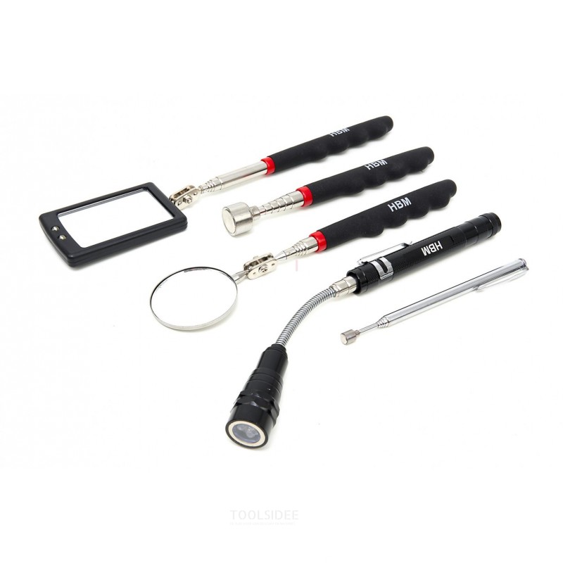 HBM Set d'outils magnétiques 5 pièces comprenant une lampe LED, des miroirs et des aimants de ramassage