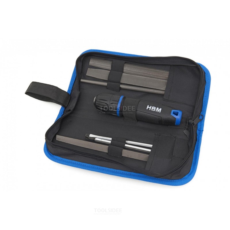HBM 7-delt professionelt filsæt med blødt skridsikkert håndtag i robust opbevaringspose