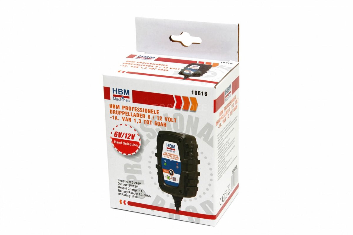 HBM Professionel vedligeholdelsesoplader 6/12 Volt – 1A. Fra 1,3 til 60AH