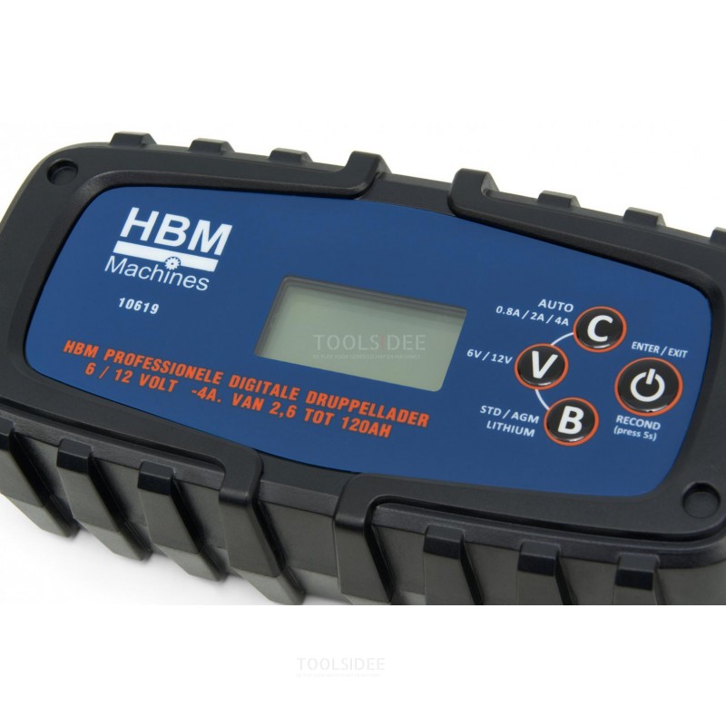 Chargeur d'entretien numérique professionnel HBM 6 / 12 Volt - 4A. De 2.6 à 120AH