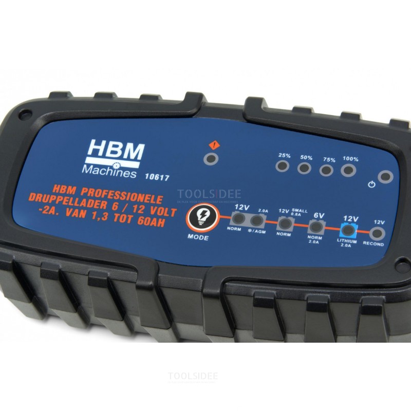 HBM Professionel vedligeholdelsesoplader 6 / 12 Volt - 2A. Fra 1,3 til 60AH