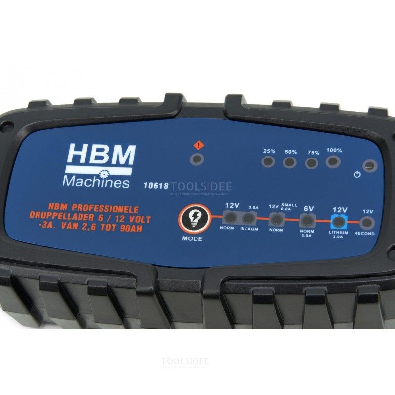HBM Professionel vedligeholdelsesoplader 6 / 12 Volt - 3A. Fra 2,6 til 90AH