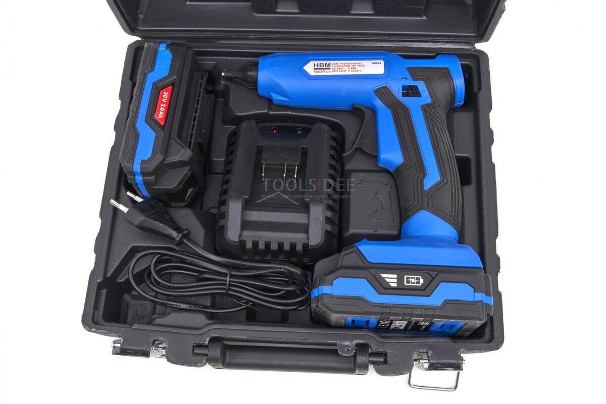 HBM Professional -liimapistooli akulla 20 volttia – 2,0 AH sisältäen 2 paristoa
